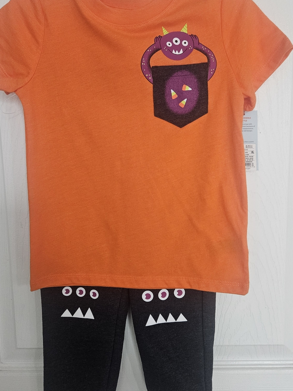 Cat & Jack Orange & Purple Monster Pocket Tee with Dark Gray Monster Leggings